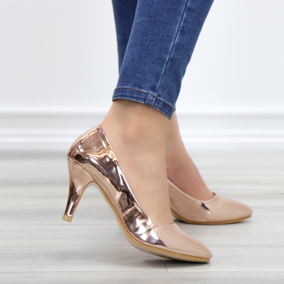 Rose Gold Paten Slip On Kitten Low Heel Pumps - Picture 10 of 12